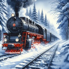 Obraz premium Vintage Locomotive in Snowy Woods