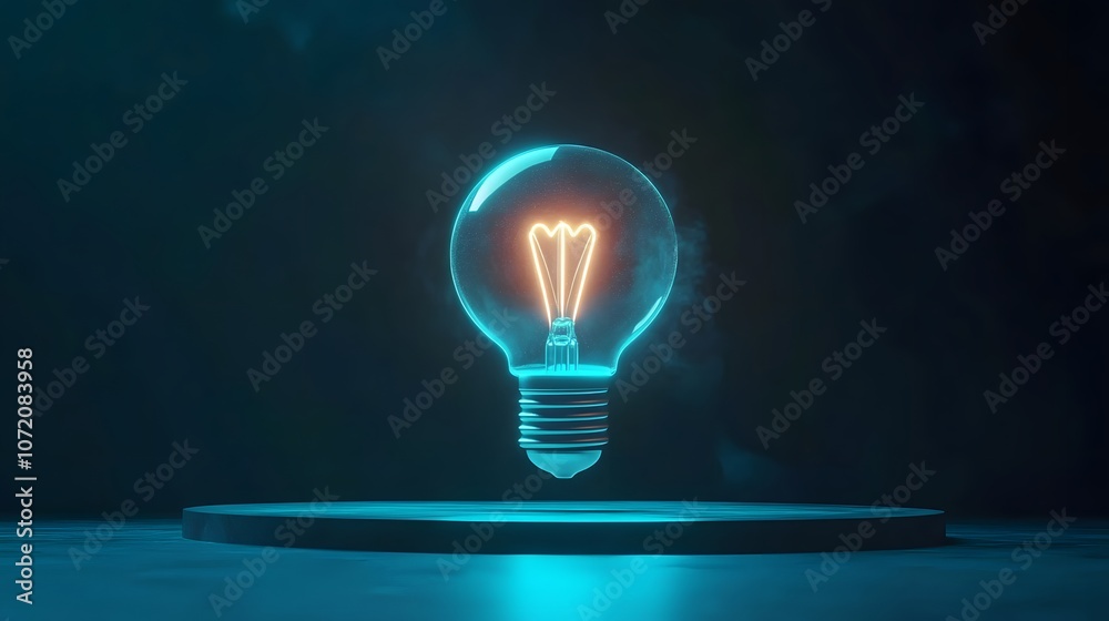 Poster a 3d light bulb icon with a glowing effect, symbolizing ideas and innovation, centered on a plain ba