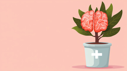 Obraz premium A stylized image of a brain growing from a plant pot, symbolizing mental health, growth, and wellness in a light, pastel background.