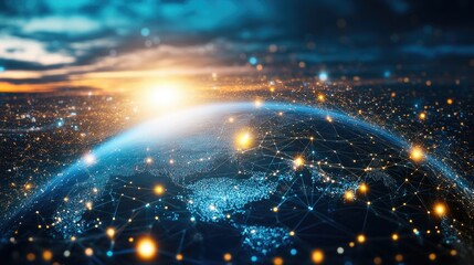 Obraz premium Connected World at Sunrise Over Planet Earth