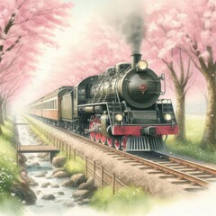 Obraz premium Historic Locomotive in Blooming Landscape