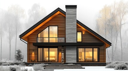 Modern wooden house with a fireplace and windows in the snowy forest.