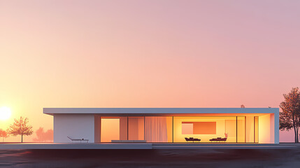 Fototapeta premium Modern architecture of a minimalist house at sunset. Minimalist. Illustration