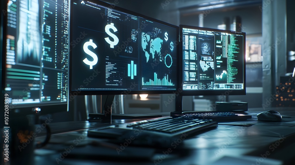 Poster A 3D workstation with dual monitors, one displaying 2D financial icons like dollar signs and bar graphs hovering over the screen, representing finance work, 4k resolution, ultra-realistic,