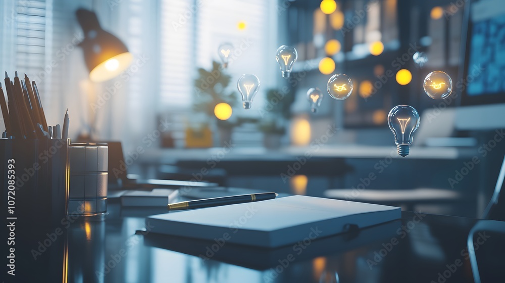 Poster a modern office with a 3d notebook and pen on the desk, with 2d idea icons like light bulbs and brai