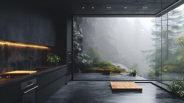 A luxurious black kitchen interior featuring matte cabinets, concrete textures, accent lighting, potted herbs, floor-to-ceiling windows, and high-end appliances in an industrial chic style.