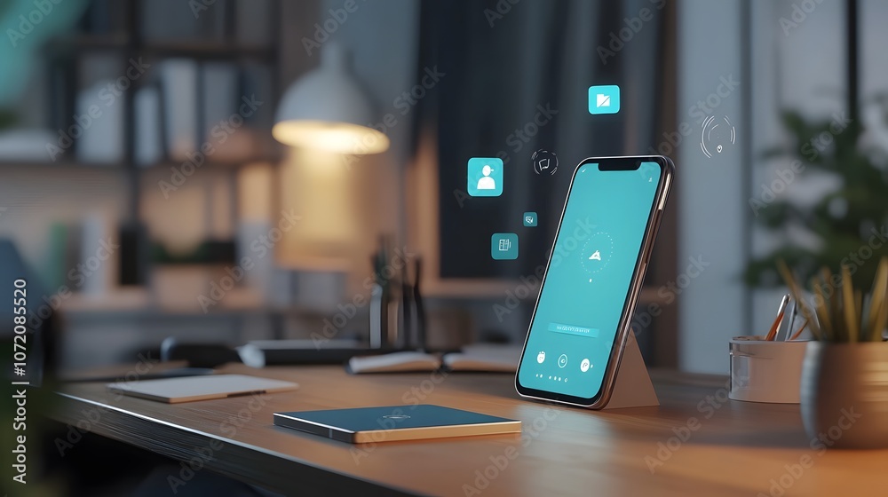 Poster A 3D office scene with a smartphone charging on the desk and 2D notification icons floating around it, representing connectivity, 4k resolution, ultra-realistic, uncluttered background