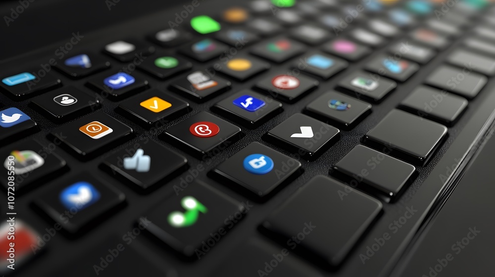 Poster A 3D keyboard with 2D social media icons like thumbs up and shares floating above, simulating online marketing work in a professional setting, 4k resolution, ultra-realistic, uncluttered background