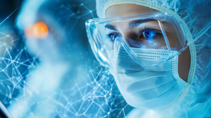 Close-up of a female scientist wearing safety goggles and a mask, with a network pattern in the background.