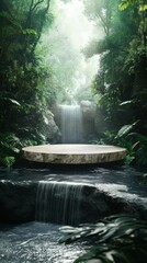 Stone podium in the jungle forest 3d illustration, waterfall and river stream on the background, natural display stage for product advertising 