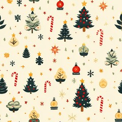 Seamless Christmas pattern with trees, ornaments, and candy canes