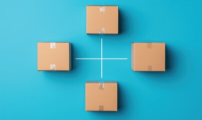Fototapeta premium Four cardboard boxes arranged on a blue background, symbolizing delivery, logistics, and commerce.