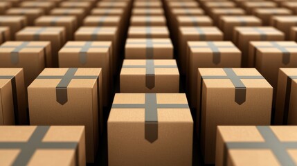 Obraz premium Rows of neatly stacked cardboard boxes ready for distribution in a warehouse setting, representing logistics and supply chain management.
