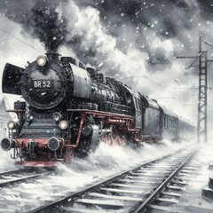 Obraz premium Steam Train Approaching Snowy Station