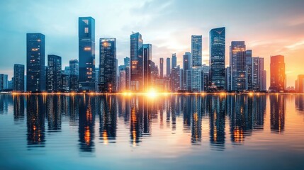 Obraz premium City Skyline Reflection at Sunset Over Water