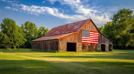 Obraz premium American Flag Hanging on Rustic Barn