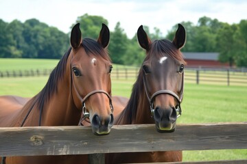 Obraz premium Horses at fence, two brown horses, green pasture, rural setting