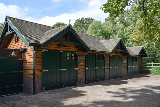 Horse stables with wooden exterior and green doors, surrounded by trees
