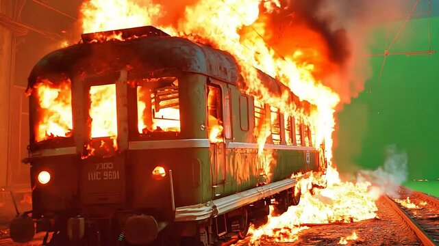 Burning Train with Green Screen, VFX Fire and Smoke for Dramatic Visual Effects