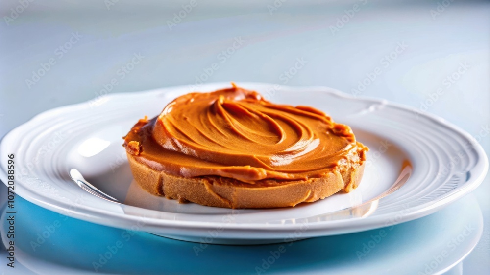 Poster A single slice of toasted bread topped with a generous amount of peanut butter, resting on a white plate with a subtle blue reflection underneath.