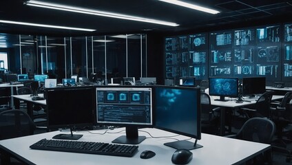 Naklejka premium High-tech computer lab with multiple advanced workstations featuring large screens and coding data displayed, ideal for software development