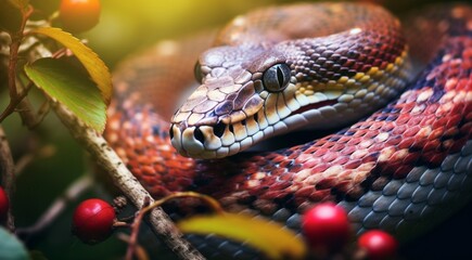 Obraz premium close-up of snnake, snake in wild nature, snake in the forest, close-up of wild snake, snake looking forward