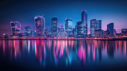 Fototapeta premium Stunning Night View of City Skyline with Reflections