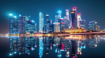 Naklejka premium Vibrant Cityscape at Night with Reflections