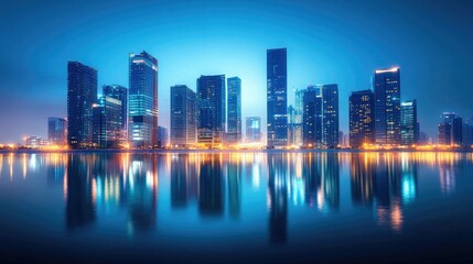 Fototapeta premium Vibrant City Skyline at Dusk with Reflected Lights