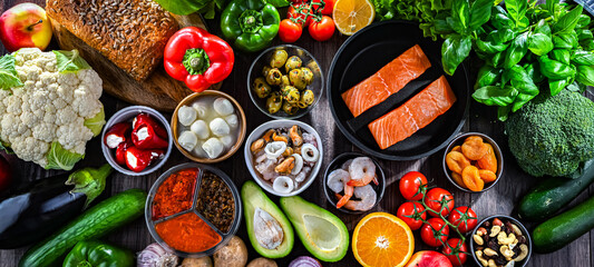 Food products representing the Mediterranean diet