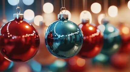 Obraz premium A collection of Christmas ornaments suspended from strings, perfect for decorating your home or office during the holiday season