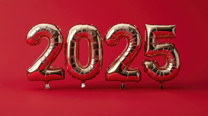 gold 3d balloons in the shape of the number 2025 on a red colored background, new year, christmas, holiday, party, celebration, congratulations, new 2025, december 31