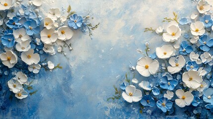 Fototapeta premium artistic background delicate white and blue flowers on light, paint art canvas, surface copy space abstract background