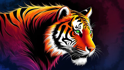 Fototapeta premium Image of a a tiger head with beautiful bright colors on a dark background. Wildlife Animals. Illustration, generative AI.