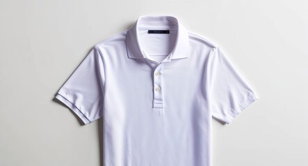 White short sleeve polo shirt with spread collar and button placket display on plain white background