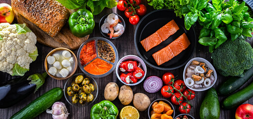 Food products representing the Mediterranean diet