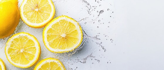 Fresh lemons and lemon slices with water splashes on a white background.