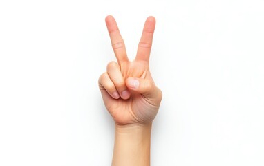 Naklejka premium Human hand making the V sign for peace or victory, isolated on a white background, capturing the essence of positivity, success, and nonviolent ideals