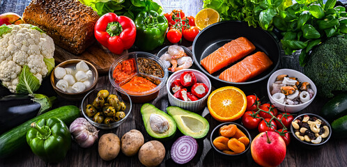 Food products representing the Mediterranean diet