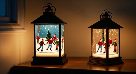 Obraz premium Miniature ice skating scene lantern softly glowing in a dim corner