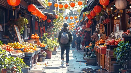Naklejka premium A person walking through a vibrant street market, colorful stalls selling fruits and handmade crafts, travel and cultural experience concept