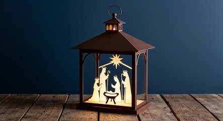 Nativity scene lantern with holy figures on a plain midnight blue background