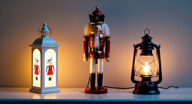 Nutcracker and mouse king lantern softly illuminating a dark space