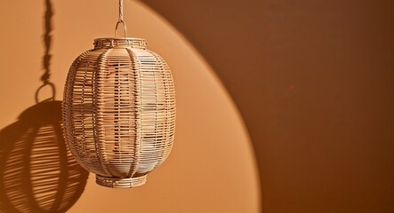Rattan woven lantern casting shadows on plain ochre background