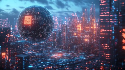 Fototapeta premium Futuristic Cityscape with Enormous Digital Sphere in Neon Lights Photo