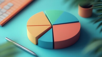 Obraz premium A colorful pie chart on a desk with a pen and greenery, symbolizing data analysis and business insights.