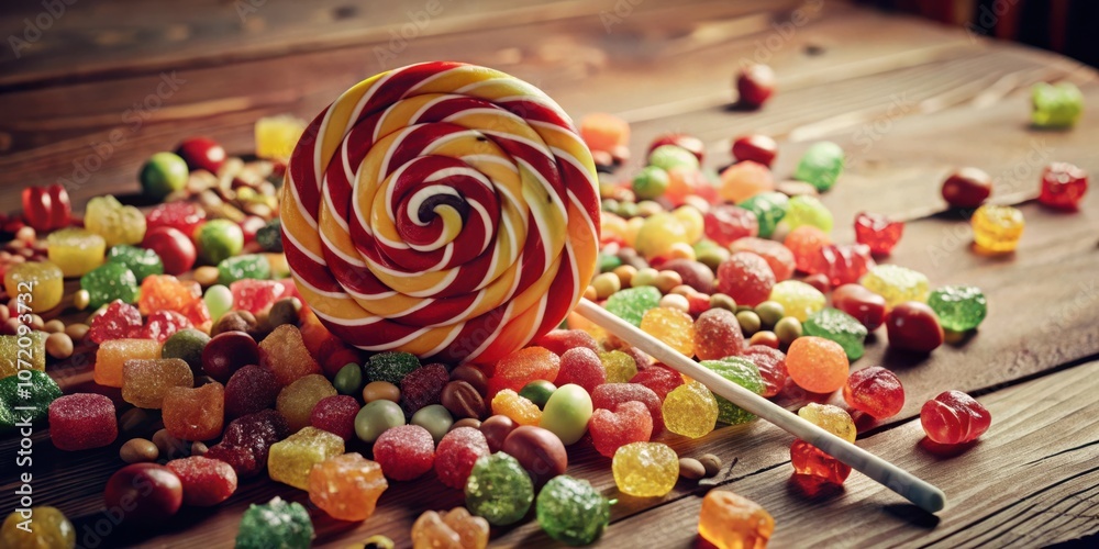 Poster a colorful lollipop rests amidst a vibrant assortment of candies, creating a delightful scene of swe
