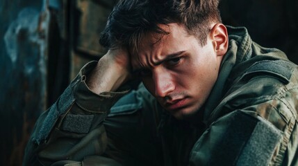 Obraz premium A young soldier in a thoughtful moment reflects on his experiences in a war-torn area during the early morning light