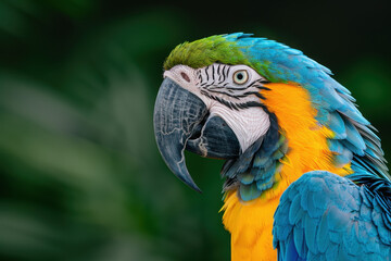 Obraz premium Bird day. Description: Close-up of a blue and yellow macaw with detailed feather texture and sharp beak. The blurred green background enhances the vivid colors of the bird. 