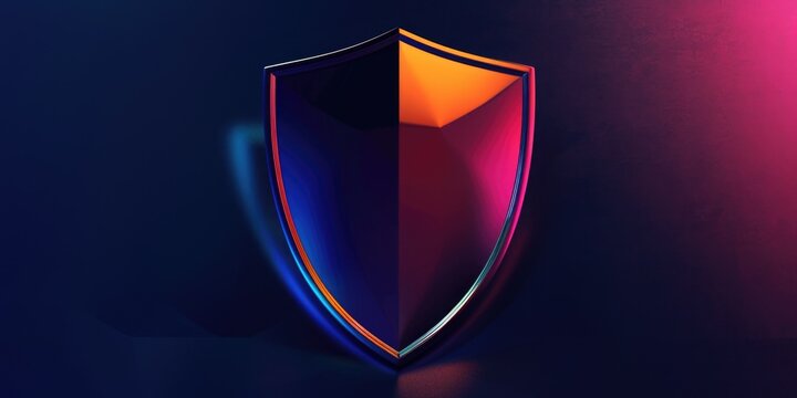 A bold red and blue shield on a dark, mysterious black background